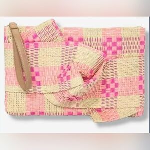 A New Day Pink and Beige Straw Plaid Wristlet